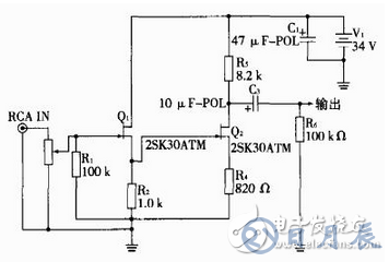PASS ZEN1是一部增益較小的純后級,需連接前級放大器才可駁接CD等播放器。若無前級,可利用節(jié)型場效應(yīng)管2SK30自制一部前級。由于2SK30屬于耗盡型場效應(yīng)管,偏置電路變得簡單,考慮到利用PASS ZEN1的電源。實際使用的前級放大器原理圖如圖2。