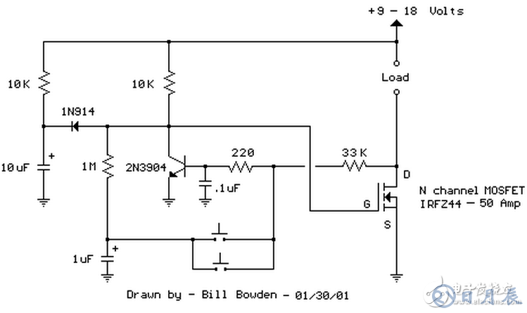 當(dāng)開關(guān)按下時，1uF電容被連接到220歐姆和33K電阻連接點(diǎn)，NPN晶體管截止，場效應(yīng)管導(dǎo)通開啟負(fù)載。釋放按鈕后，1uF電容通過1M電阻充電。第二次按下開關(guān)，1uF電容充電后的電壓被加載到NPN晶體管基極，晶體管導(dǎo)通，場效應(yīng)管關(guān)閉，負(fù)載斷電。